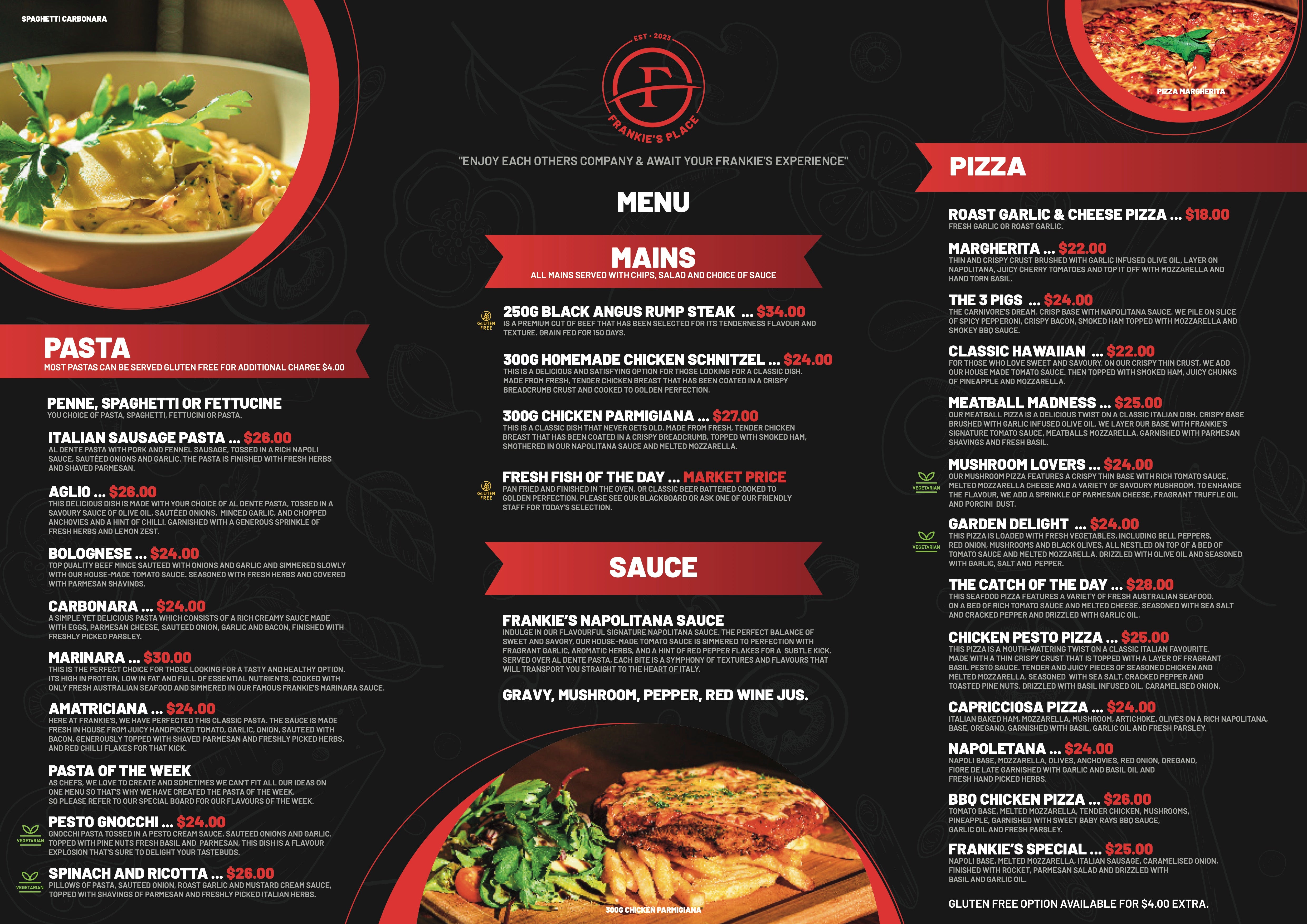 Frankie's menu on sale